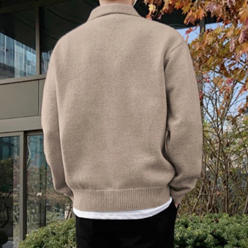 Men’s Polo Sweater – Wool – Relaxed Fit – Buttoned Collar – Ribbed Hem and Cuffs
