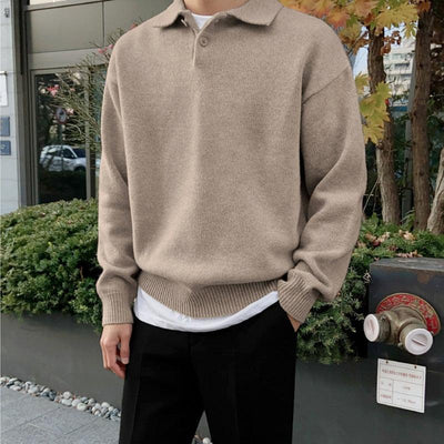 Men’s Polo Sweater – Wool – Relaxed Fit – Buttoned Collar – Ribbed Hem and Cuffs