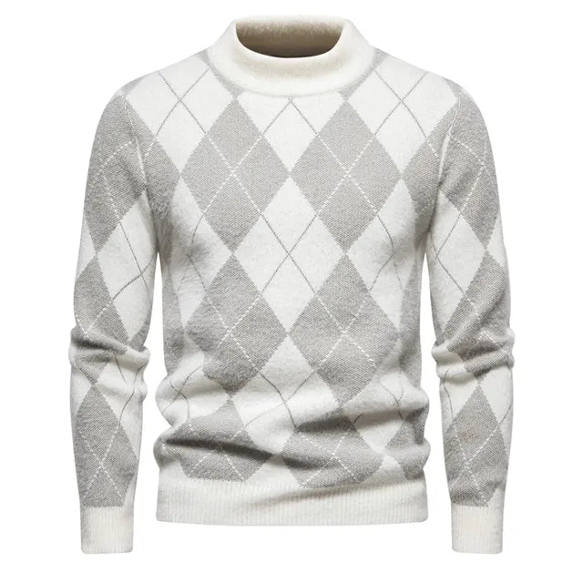 Men’s Argyle Sweater - Crew Neck - Knitted - Long Sleeve - Classic Pattern