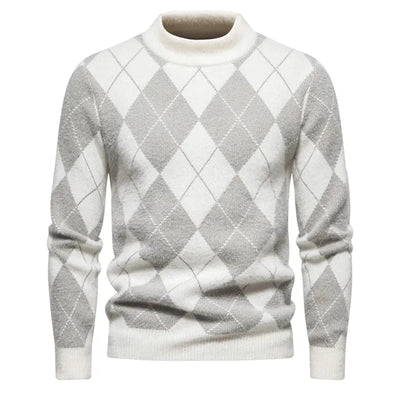 Men’s Argyle Sweater - Crew Neck - Knitted - Long Sleeve - Classic Pattern