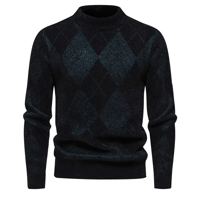 Men’s Argyle Sweater - Crew Neck - Knitted - Long Sleeve - Classic Pattern