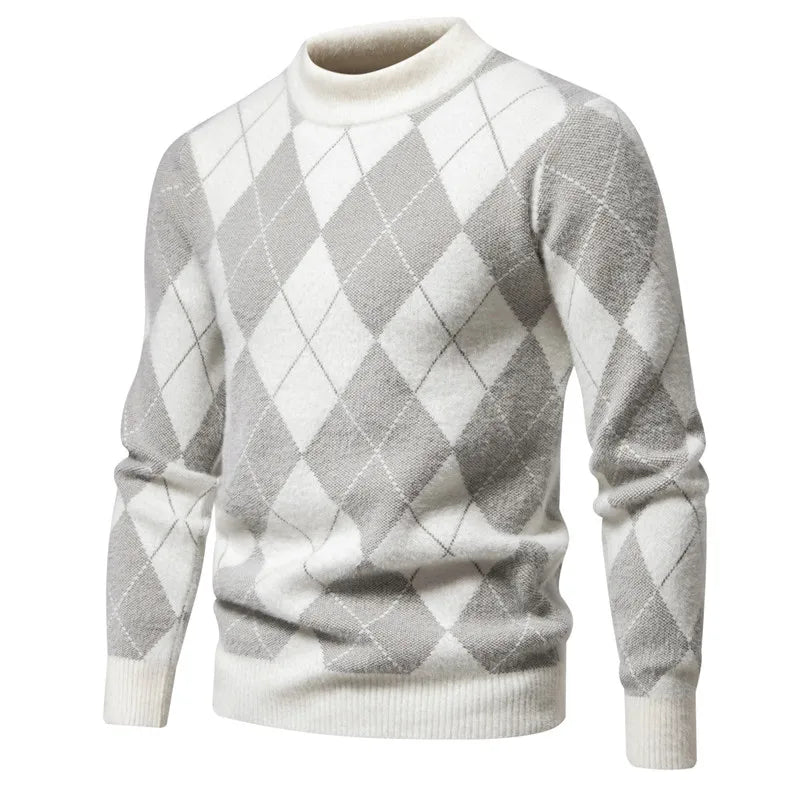 Men’s Argyle Sweater - Crew Neck - Knitted - Long Sleeve - Classic Pattern