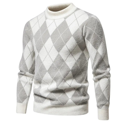 Men’s Argyle Sweater - Crew Neck - Knitted - Long Sleeve - Classic Pattern