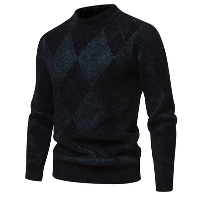 Men’s Argyle Sweater - Crew Neck - Knitted - Long Sleeve - Classic Pattern