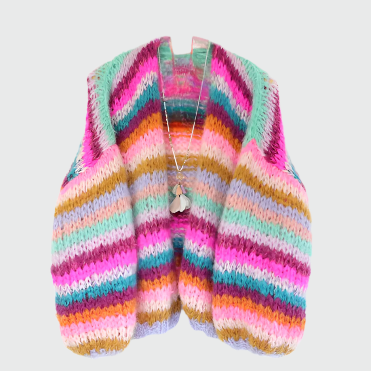 Winter sweater made of rope in a colorful pattern with wooden buttons for women