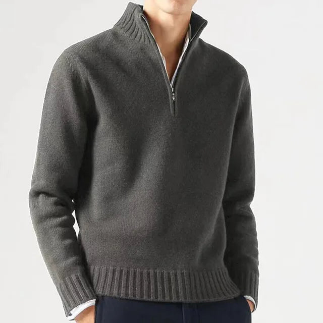 Men's Quarter-Zip Sweater - Soft Knit Fabric - High Collar - Ribbed Cuffs & Hem