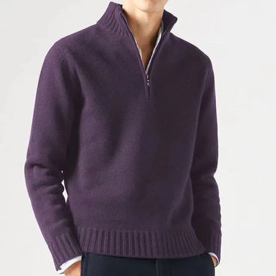 Men's Quarter-Zip Sweater - Soft Knit Fabric - High Collar - Ribbed Cuffs & Hem