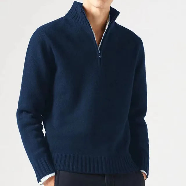 Men's Quarter-Zip Sweater - Soft Knit Fabric - High Collar - Ribbed Cuffs & Hem