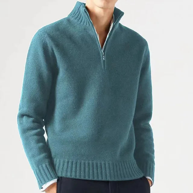Men's Quarter-Zip Sweater - Soft Knit Fabric - High Collar - Ribbed Cuffs & Hem
