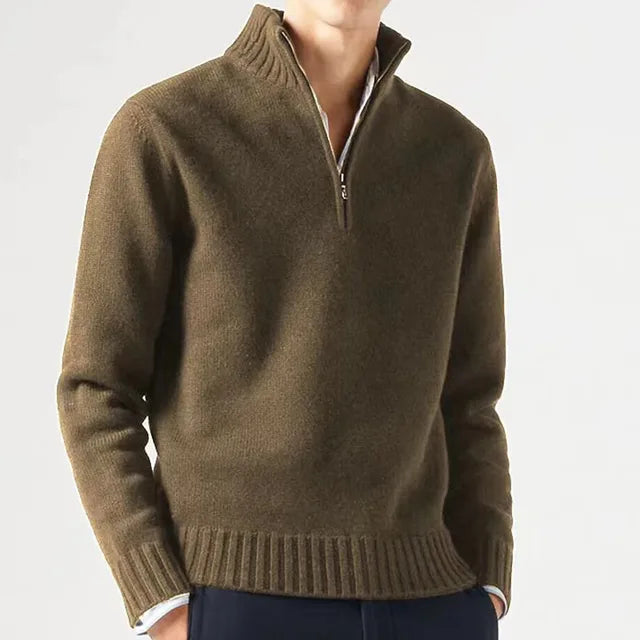 Men's Quarter-Zip Sweater - Soft Knit Fabric - High Collar - Ribbed Cuffs & Hem