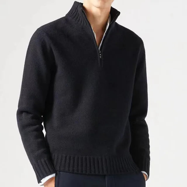 Men's Quarter-Zip Sweater - Soft Knit Fabric - High Collar - Ribbed Cuffs & Hem