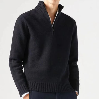 Men's Quarter-Zip Sweater - Soft Knit Fabric - High Collar - Ribbed Cuffs & Hem