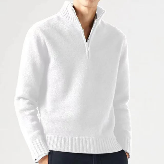 Men's Quarter-Zip Sweater - Soft Knit Fabric - High Collar - Ribbed Cuffs & Hem