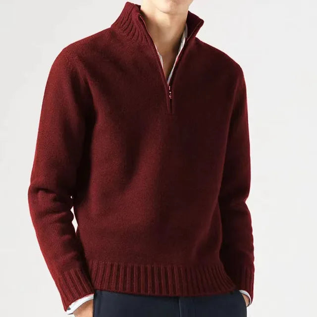 Men's Quarter-Zip Sweater - Soft Knit Fabric - High Collar - Ribbed Cuffs & Hem