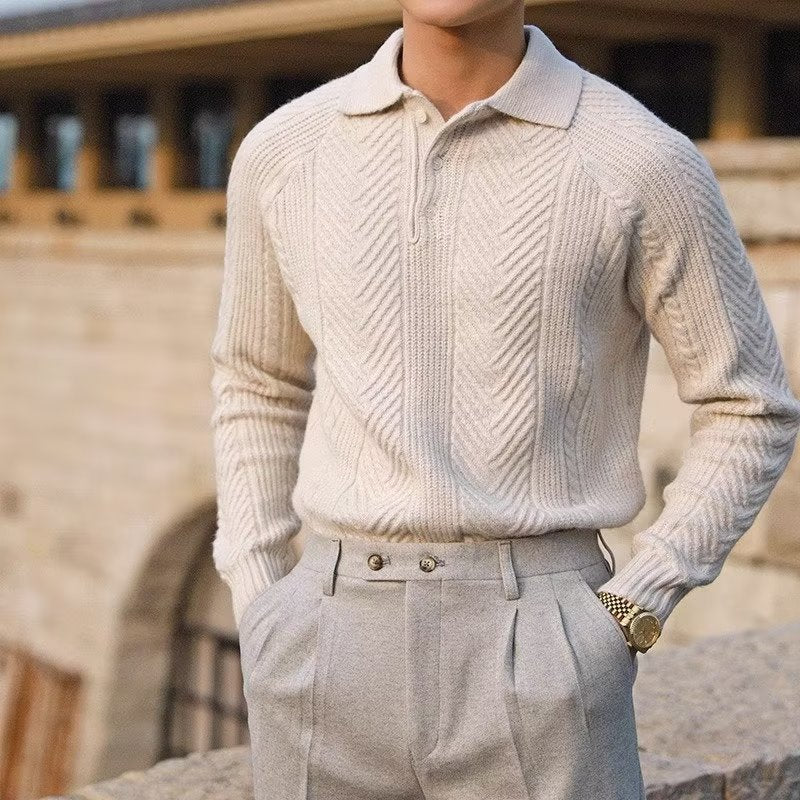 Men’s Knit Sweater – Slim Fit – Polo Collar – Cable Knit – Soft Stretch Fabric