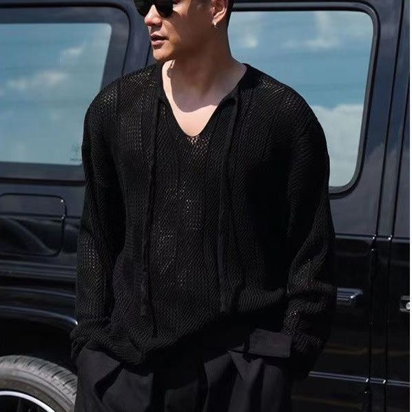 Men’s Knit Sweater – Relaxed Fit – V-Neck with Drawstring – Open Weave Breathable Fabric