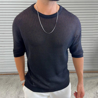 Men’s Knit Top – Slim Fit – Lightweight Semi-Sheer – Ribbed Texture – Crew Neck – Short Sleeve