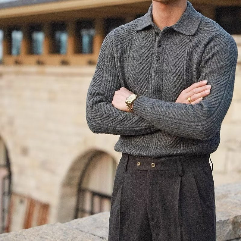 Men’s Knit Sweater – Slim Fit – Polo Collar – Cable Knit – Soft Stretch Fabric