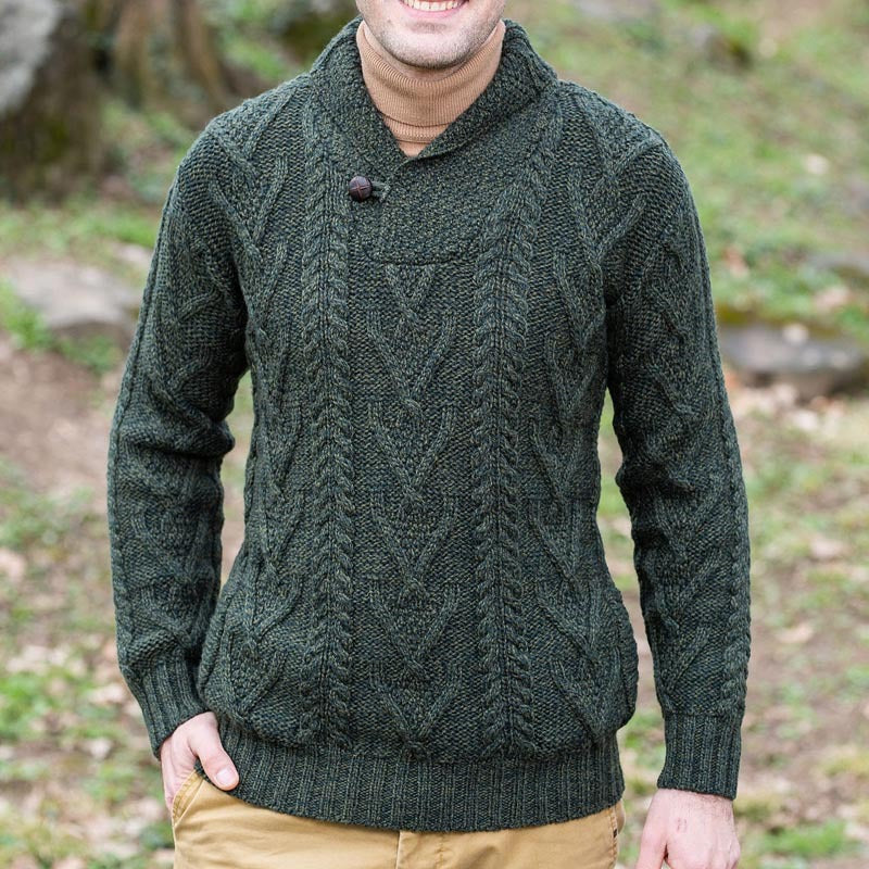 Men’s Pullover Sweater – Wool Blend – Relaxed Fit – Cable Knit – Shawl Collar