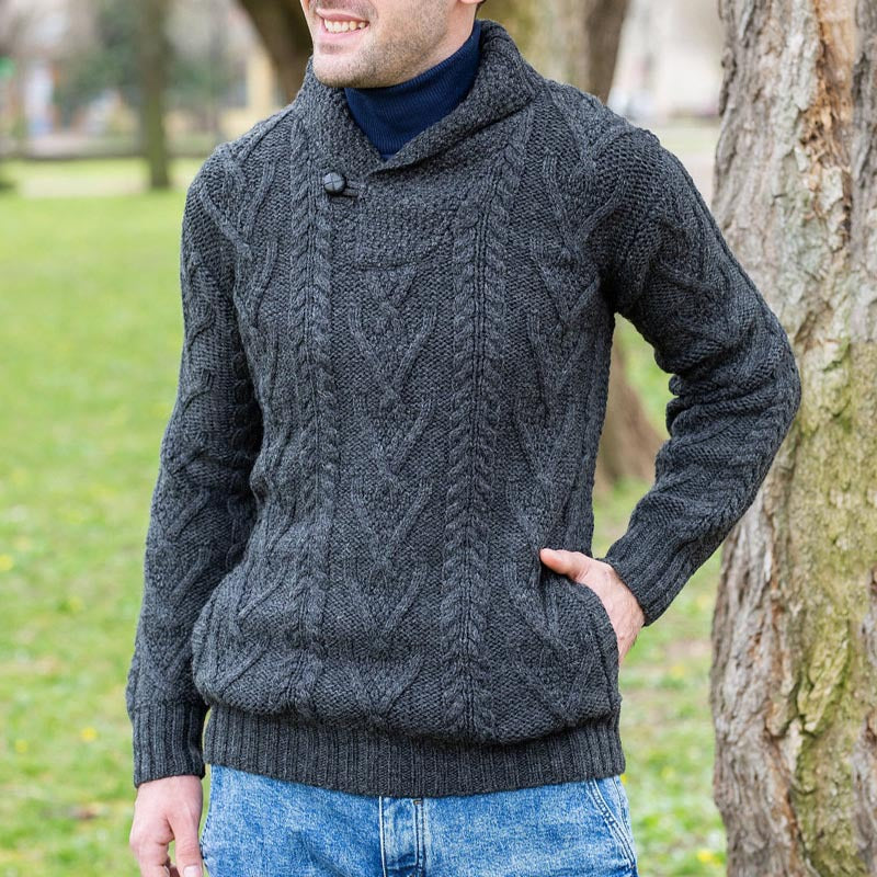 Men’s Pullover Sweater – Wool Blend – Relaxed Fit – Cable Knit – Shawl Collar