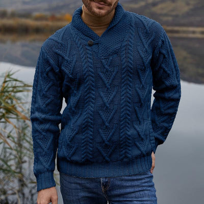 Men’s Pullover Sweater – Wool Blend – Relaxed Fit – Cable Knit – Shawl Collar