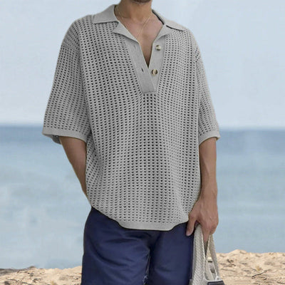Men’s Knit Sweater – Oversized Fit – Open Knit – Notched Lapel – Short Sleeve Casual