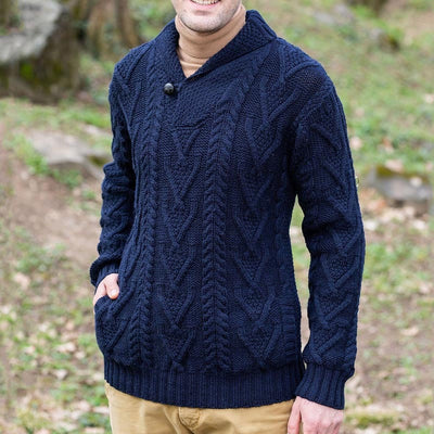 Men’s Pullover Sweater – Wool Blend – Relaxed Fit – Cable Knit – Shawl Collar