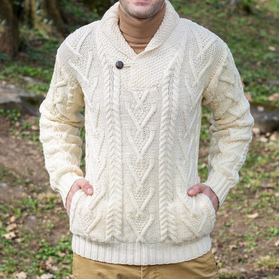 Men’s Pullover Sweater – Wool Blend – Relaxed Fit – Cable Knit – Shawl Collar