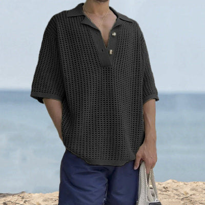 Men’s Knit Sweater – Oversized Fit – Open Knit – Notched Lapel – Short Sleeve Casual