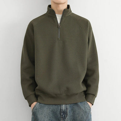 Men’s Half-Zip Sweatshirt – Ribbed Knit – Relaxed Fit – Stand Collar Casual Pullover