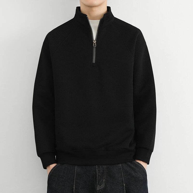 Men’s Half-Zip Sweatshirt – Ribbed Knit – Relaxed Fit – Stand Collar Casual Pullover