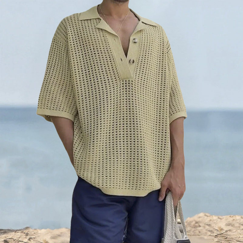 Men’s Knit Sweater – Oversized Fit – Open Knit – Notched Lapel – Short Sleeve Casual