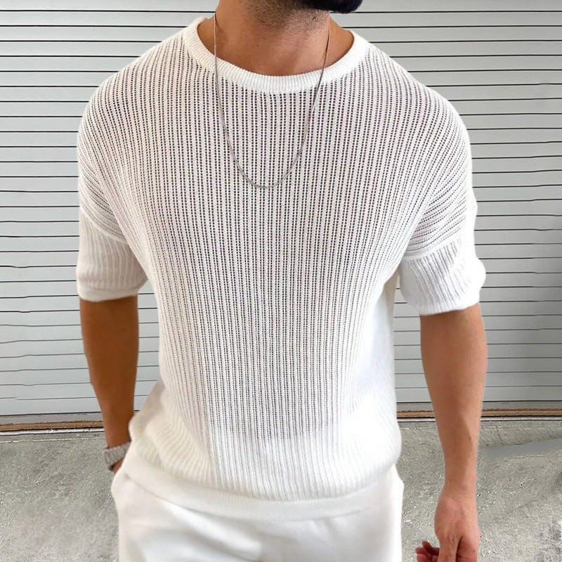 Men’s Knit Top – Slim Fit – Lightweight Semi-Sheer – Ribbed Texture – Crew Neck – Short Sleeve