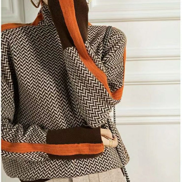 Rolling collar sweater with a geometric knitting pattern