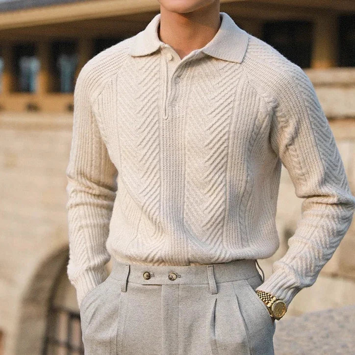 Men’s Knitted Sweater – Slim Fit – Cable Knit – Polo Collar – Long Sleeve Smart Wear