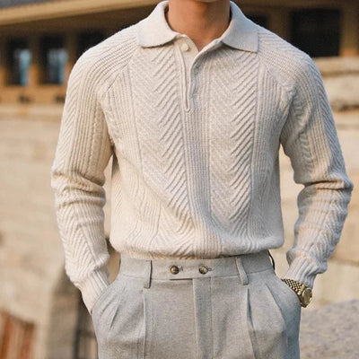 Men’s Knitted Sweater – Slim Fit – Cable Knit – Polo Collar – Long Sleeve Smart Wear
