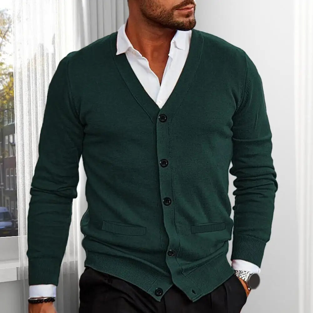Men’s Knitted Cardigan - V-Neck Button-Up - Tailored Fit with Ribbed Cuffs & Hem