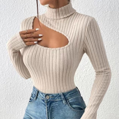Ladies ribbed turtleneck sweater | Hollow chest