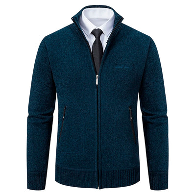 Men’s Knitted Cardigan - Wool Blend - Zip-Up High Neck - Tailored Fit - Ribbed Cuffs