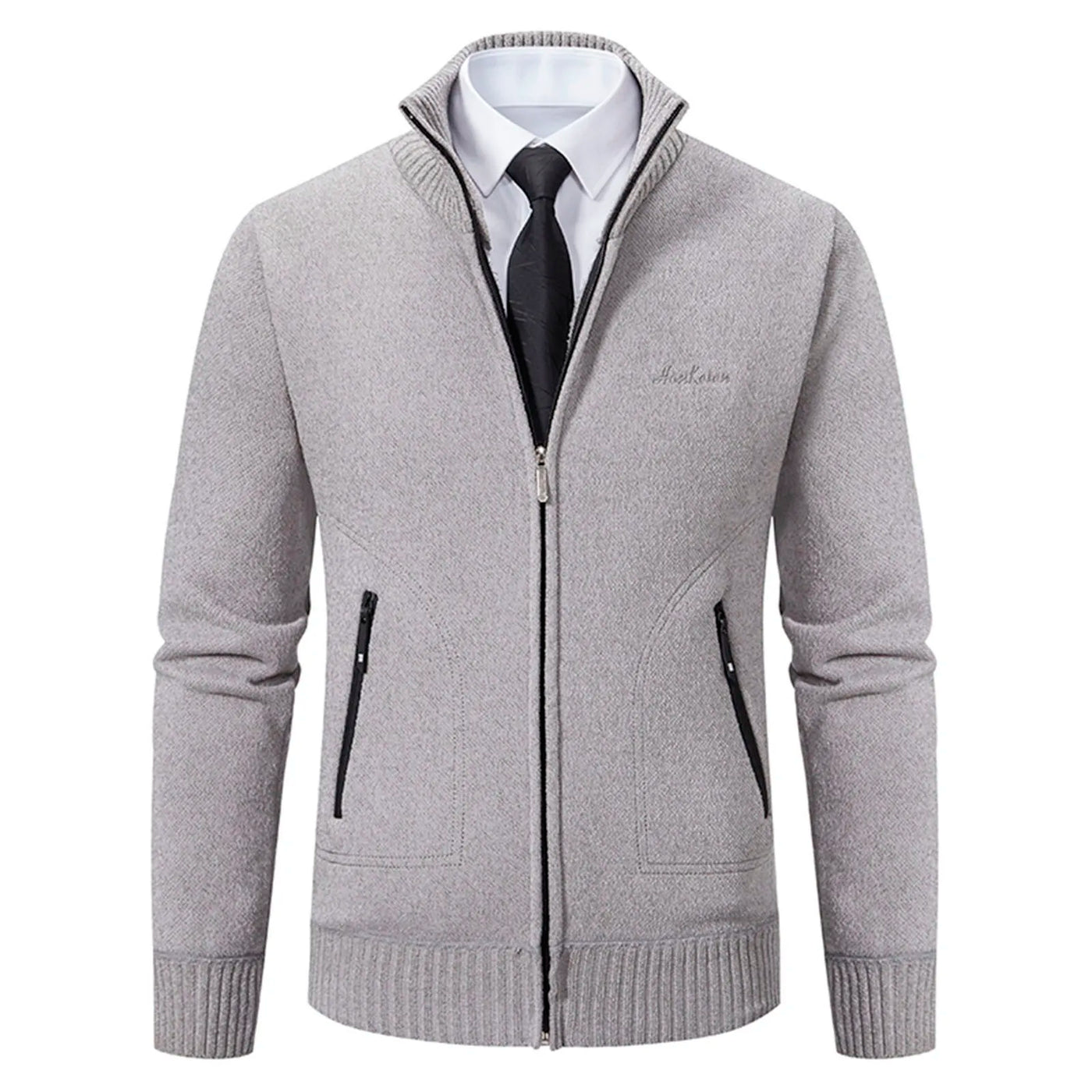Men’s Knitted Cardigan - Wool Blend - Zip-Up High Neck - Tailored Fit - Ribbed Cuffs