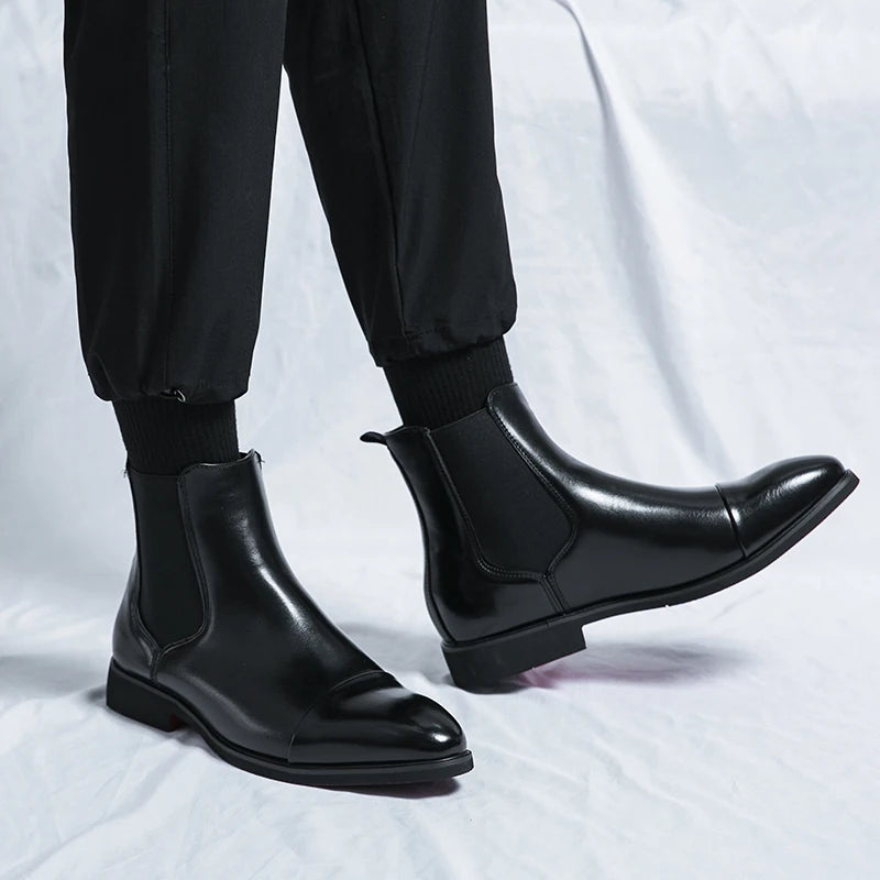 Men’s Leather Boots – Sleek Fit – Ankle Length – Cap Toe – Slip-On Chelsea Style