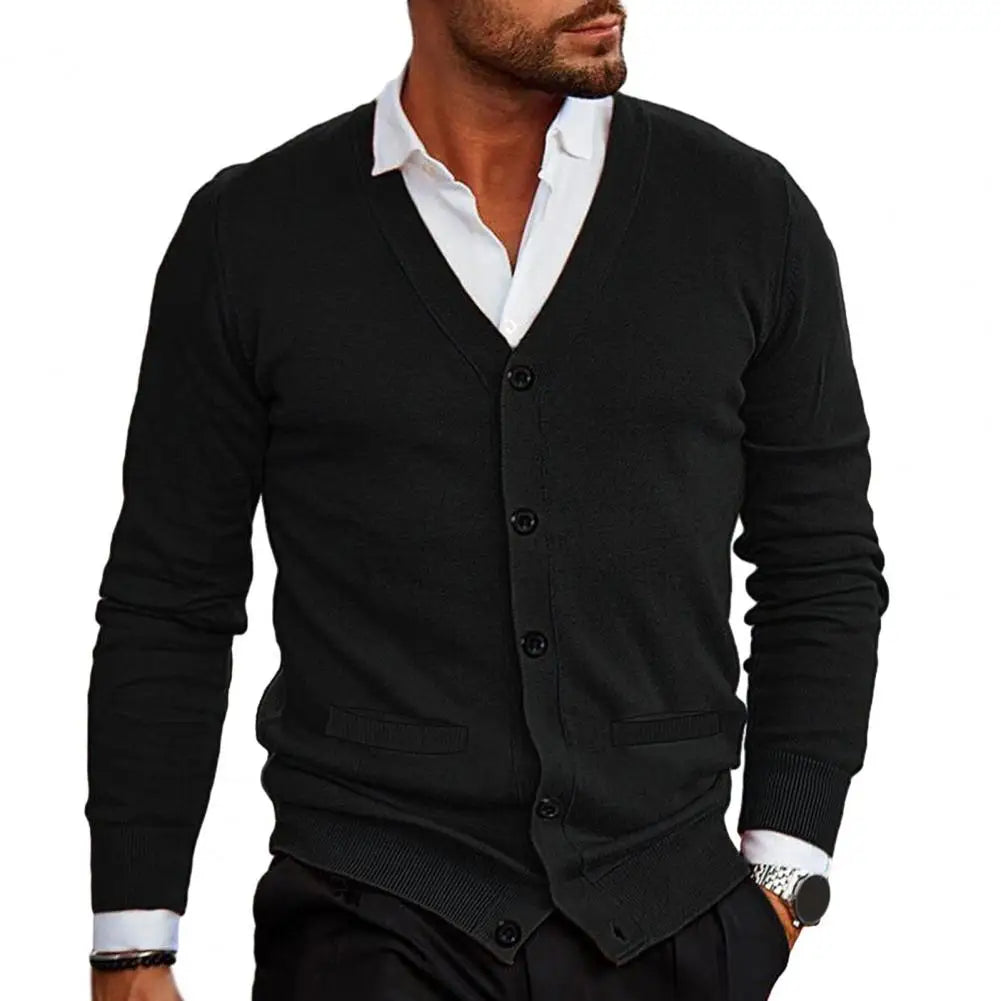 Men’s Knitted Cardigan - V-Neck Button-Up - Tailored Fit with Ribbed Cuffs & Hem