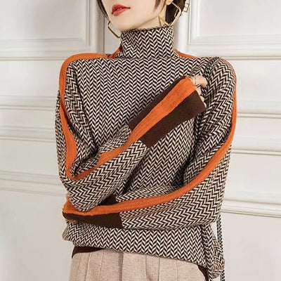 Rolling collar sweater with a geometric knitting pattern