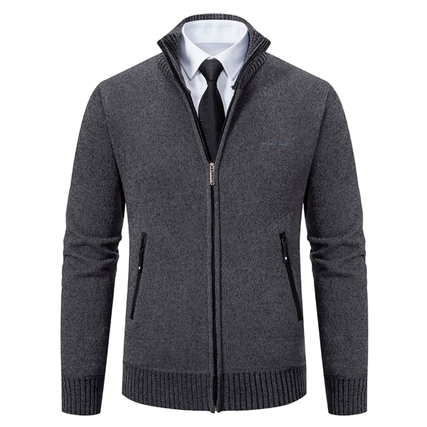 Men’s Knitted Cardigan - Wool Blend - Zip-Up High Neck - Tailored Fit - Ribbed Cuffs