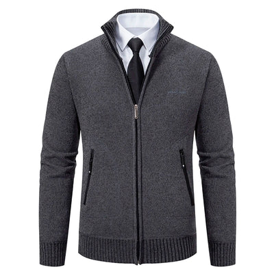 Men’s Knitted Cardigan - Wool Blend - Zip-Up High Neck - Tailored Fit - Ribbed Cuffs