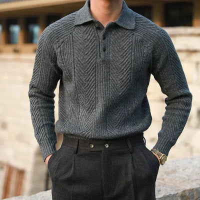 Men’s Knitted Sweater – Slim Fit – Cable Knit – Polo Collar – Long Sleeve Smart Wear