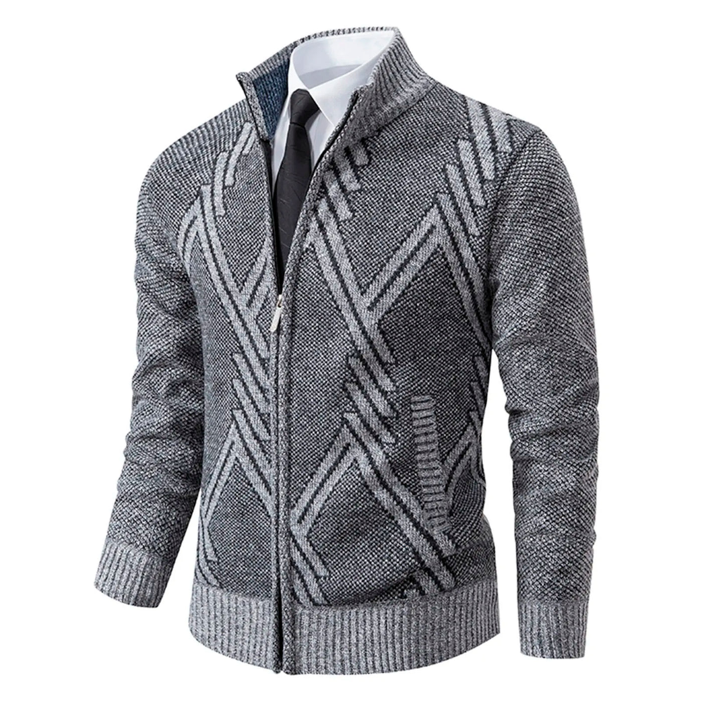 Men’s Knitted Cardigan - Wool Blend - Zip-Up High Neck - Tailored Fit - Ribbed Cuffs