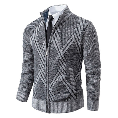 Men’s Knitted Cardigan - Wool Blend - Zip-Up High Neck - Tailored Fit - Ribbed Cuffs