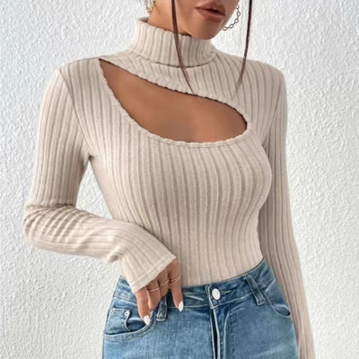 Ladies ribbed turtleneck sweater | Hollow chest