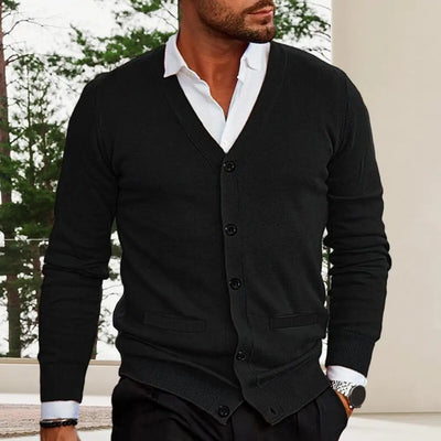 Men’s Knitted Cardigan - V-Neck Button-Up - Tailored Fit with Ribbed Cuffs & Hem